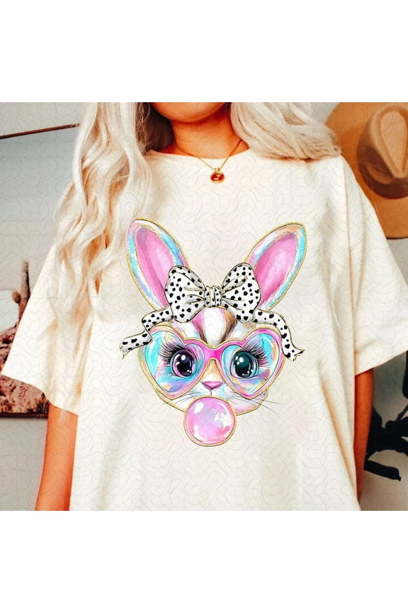 Coquette Easter Bunny T-Shirt, Glitter Happy Easter Tee, Brushstroke Bunny Shirt for Girls, Kids Boho Easter Sublimation Tee