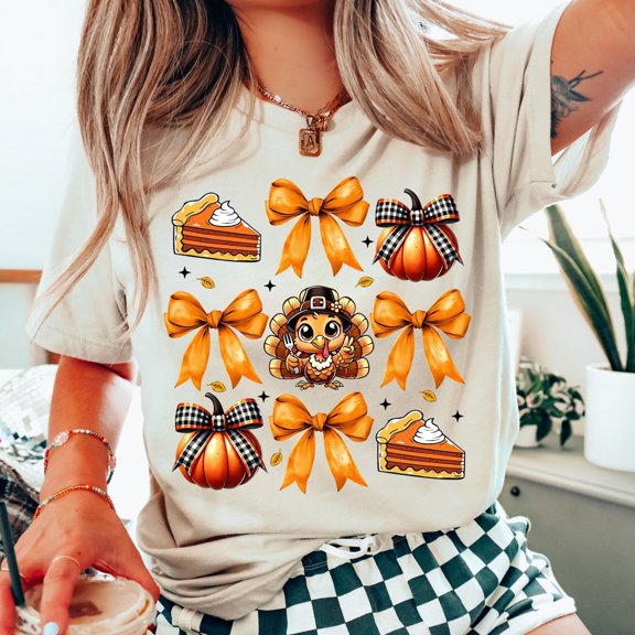 Coquette Fall Pumpkin Bow Shirts, Thanksgiving Turkey Shirts, Pumpkin Pie Thanksgiving T-Shirt, Thanksgiving Pumpkin Shirts, Cute Autumn Tee