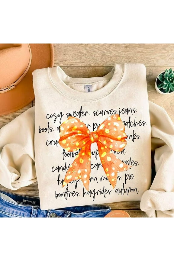 Coquette Fall Sweater, Cozy Sweaters Scarves Pumpkin Spooky Season Retro Thanksgiving Bow Sweatshirt