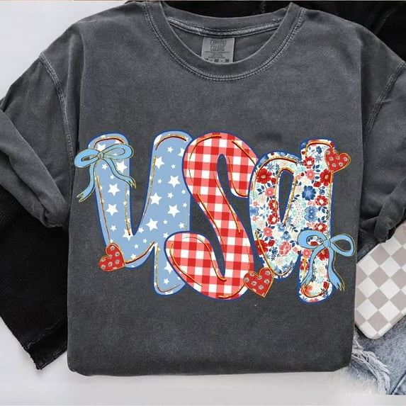 Coquette Floral USA Glitter T-shirt, Preppy America Floral Shirt, USA 1776 Shirt, 4th Of July Stars Stripe, Girly America Coquette Shirt,Patriotic Shirt TH140507