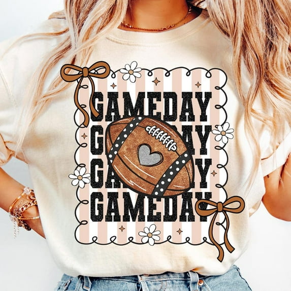 Coquette Football Game Day T-Shirt, Preppy Touchdown Season Tee, Girly Fall Football Mom Shirt, Bow & Heart Sublimation Graphic Top