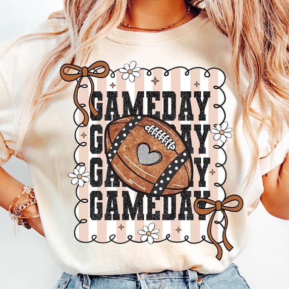 Coquette Football Game Day T-Shirt, Preppy Touchdown Season Tee, Girly Fall Football Mom Shirt, Bow & Heart Sublimation Graphic Top