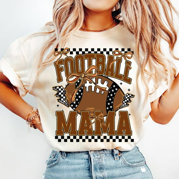 Coquette Football Mama T-Shirt, Preppy Checkered Game Day Tee for Women, Retro Touchdown Season Shirt, Cute Football Mom Outfit