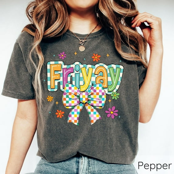 Coquette Friyay Teacher T-Shirt, Retro Checkered Tee for Women, Funny Teacher Gift, Friday School Staff Shirt