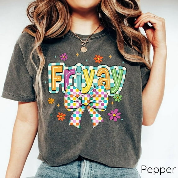 Coquette Friyay Teacher T-Shirt, Retro Checkered Tee for Women, Funny Teacher Gift, Friday School Staff Shirt