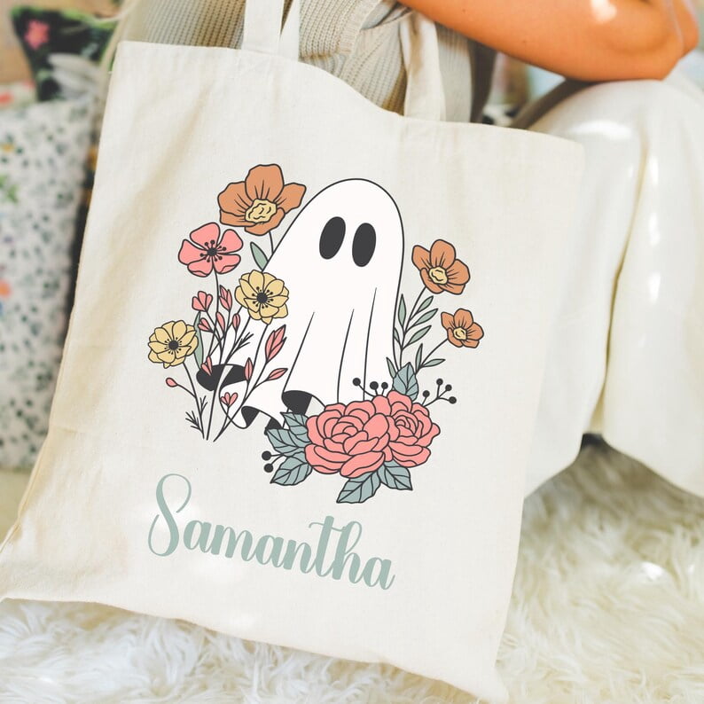 Coquette Ghost Canvas Tote Bag, Name Totes, Cute Ghost Print Gift ...