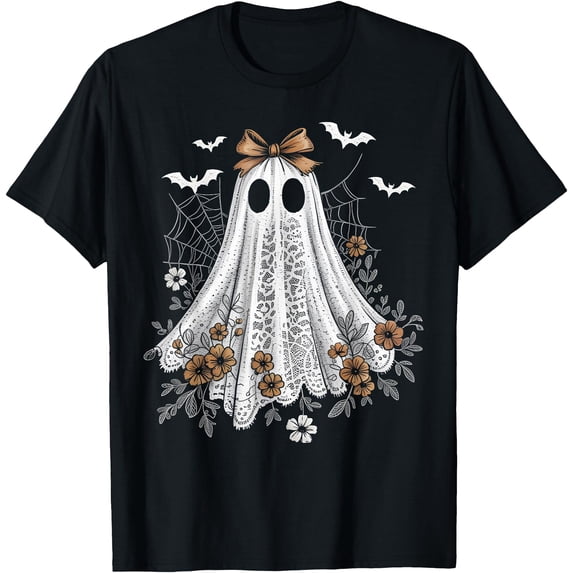 Coquette Ghost Halloween Flower Ghost Spooky Lace Ghost T-Shirt , Vintage T-Shirt