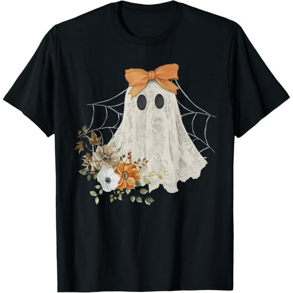 Coquette Ghost Halloween Flower Ghost Spooky Lace Ghost T-Shirt100% pure cotton short-sleeved shirt for both men and women