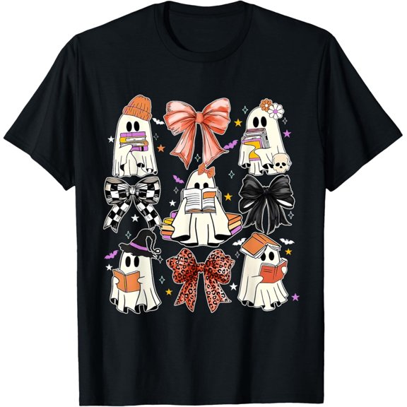 Coquette Ghost Reading T-Shirt – Cute Halloween Book Lover Tee for Girls and Boys
