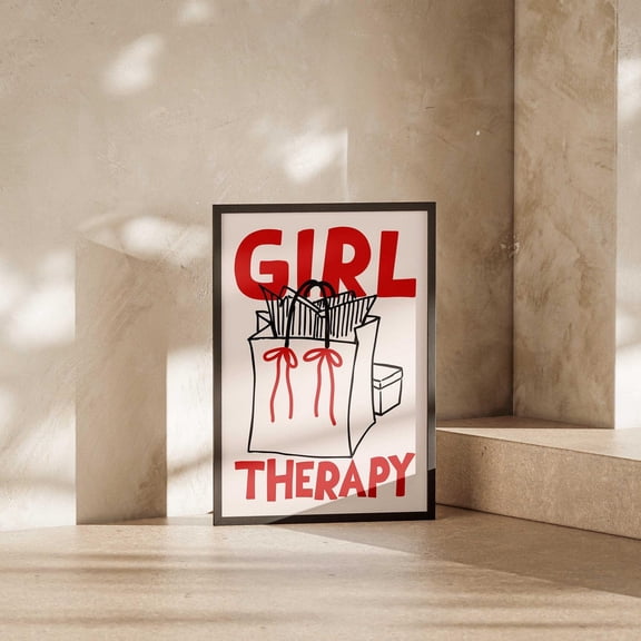 Coquette Girl Therapy Print Red Pink Typography Poster Preppy Shopping Bag Wall Art Girly Aesthetic Sign Eclectic Decor Retro Wall Art