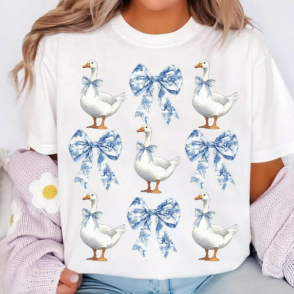 Coquette Goose Shirt, Goose Lover Tee, Blue Toile Coquette Shirt, Vintage Goose Girly Shirt, Grand Millennial Mom Goose Shirt