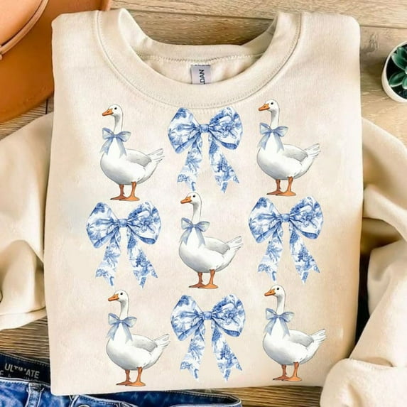 Coquette Goose Sweatshirt, Goose Lover Shirt, Blue Toile Coquette Sweatshirt, Vintage Goose Girly Shirt, Grand Millennial Mom Goose Sweatshirt