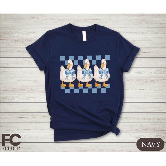 Coquette Goose T-Shirt, Blue Toile Coquette Goose Sweater, Goose Lover, Checkered Goose Tee, Coquette Bow Duck T-shirt All Size S-5Xl