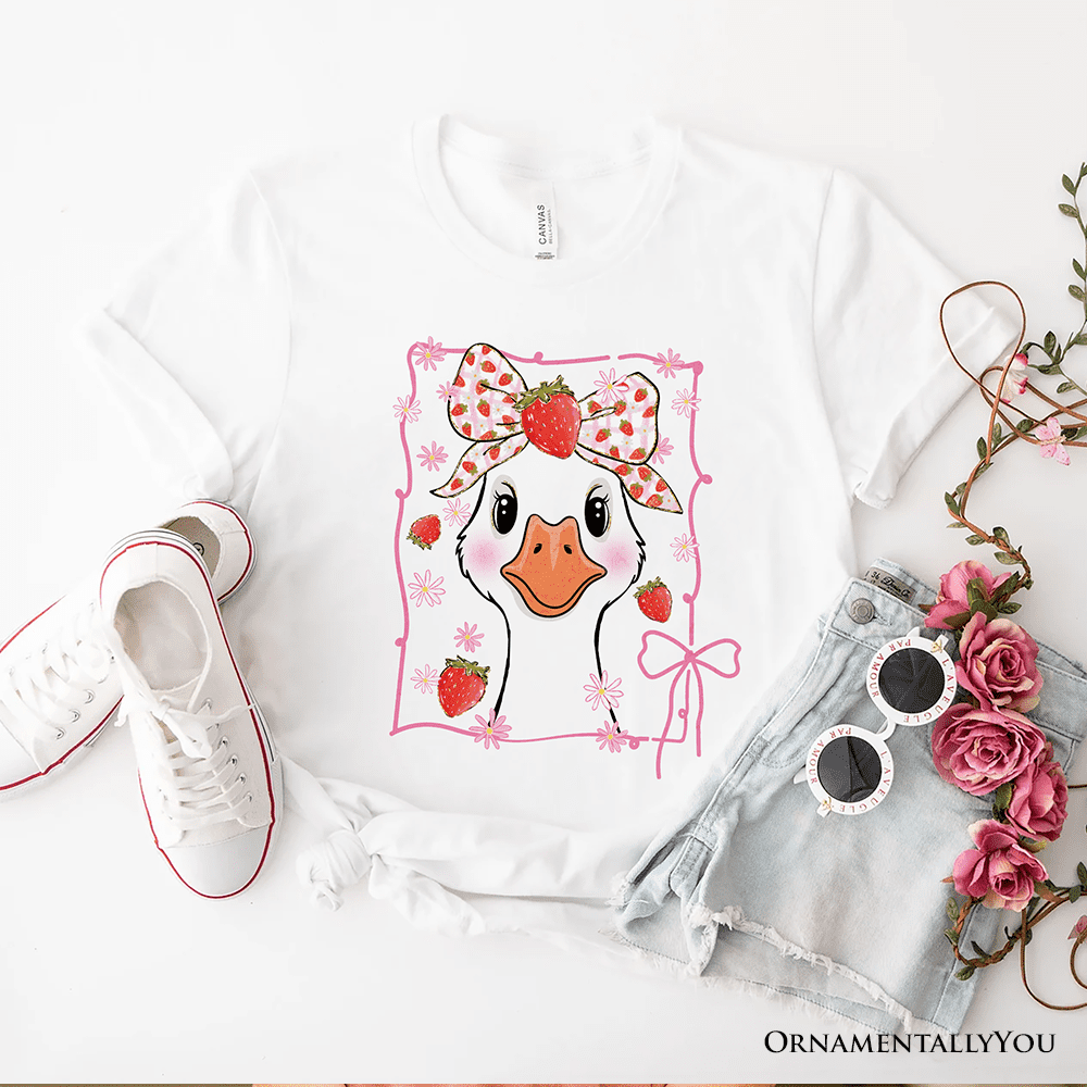 Coquette Goose with Strawberry Bow T-Shirt, Navy, Black and White Cute ...