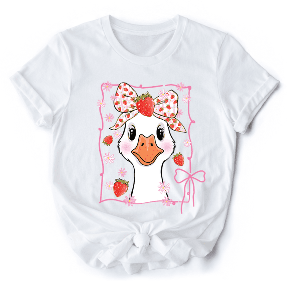 Coquette Goose with Strawberry Bow T-Shirt, Navy, Black and White Cute Tee