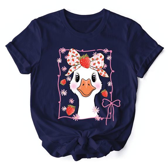 Coquette Goose with Strawberry Bow T-Shirt, Navy, Black and White Cute Tee