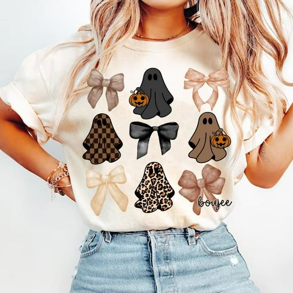 Coquette Halloween Boojee Ghost T-Shirt, Girly Pumpkin Fall Tee with Brown Bow, Spooky Season Social Club Shirt for Women, Cute October Top