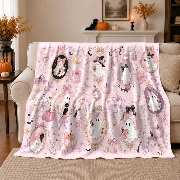 Coquette Halloween Ghost Portraits Pink Pumpkins, Playful Pet Portrait Pattern, Warm Flannel Blanket for Living Room and Reading Nook, Cat Lovers Halloween Gift, Pet Lover Home Decor