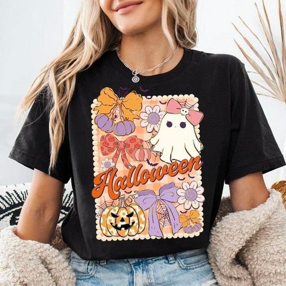 Coquette Halloween Ghost Shirt, Boho Spooky Season Tee with Girly Pumpkin Bow, Floral Retro Halloween Shirt Design for Women and Teens