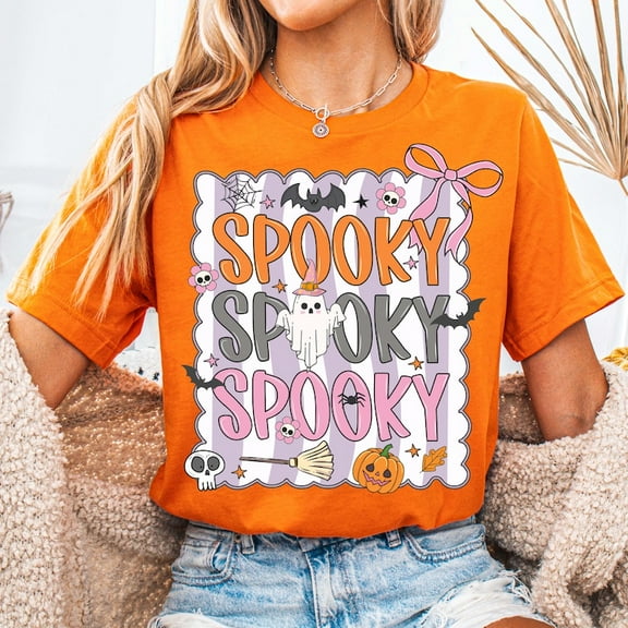 Coquette Halloween Spooky Shirt, Preppy Fall Tee with Ghost and Pumpkin, Cute Spooky Season Shirt Design for Women, Trendy Halloween Outfit