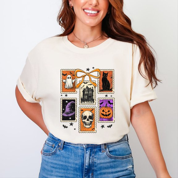 Coquette Halloween Stamps - Women's Garment Dyed Graphic T-Shirt