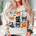thumbnail image 1 of Coquette Halloween Sweatshirt, Cute Pumpkin Shirt with Bows, Preppy Spooky Season SWEAT Sweatshirt with Ghosts, Spiders, and Haunted House Vibes, 1 of 5