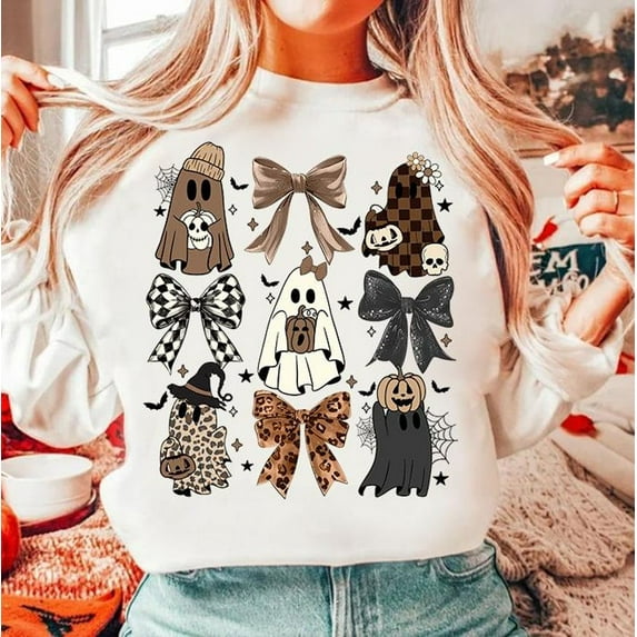 Coquette Halloween Sweatshirt with Cute Ghost, Pumpkin, Brown Bow, Spooky Season Social Club Shirt, Girly Halloween Mama Fall Aesthetic Outfit