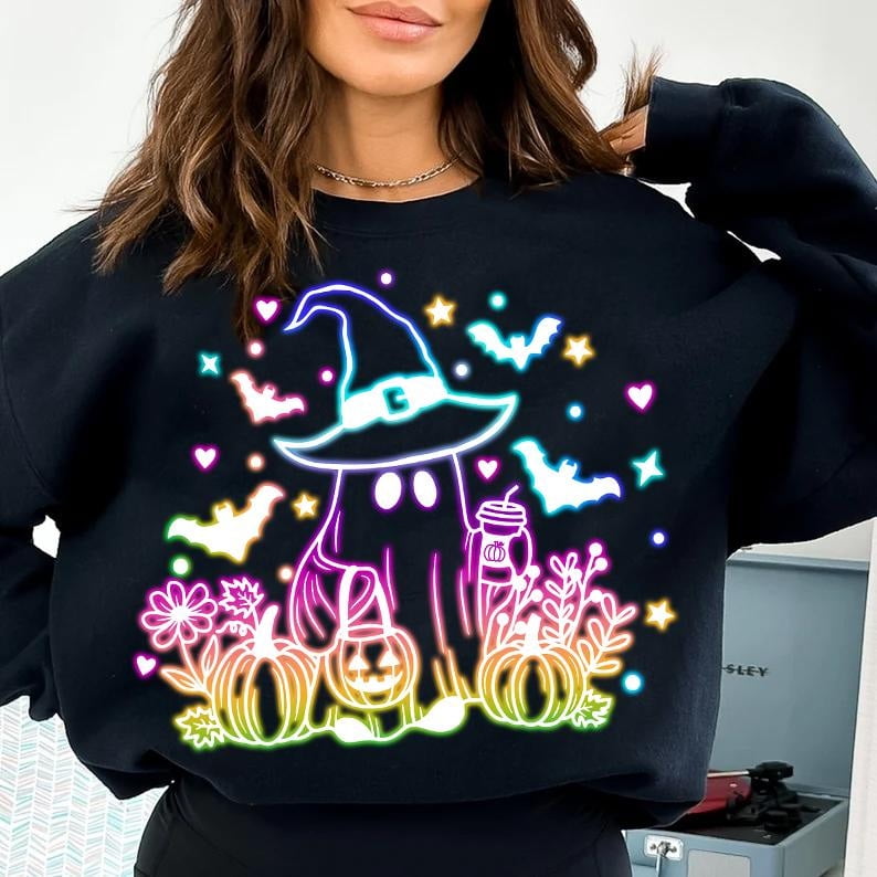 Coquette Halloween Sweatshirt with Neon Ghost and Witchy Vibes