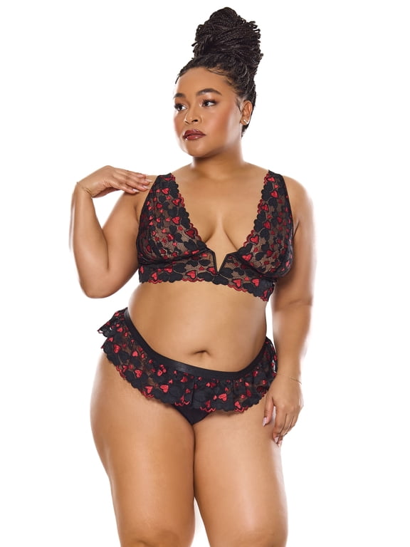 Valentines Day Romantic Heart Bralette & Thong, Black OS/XL