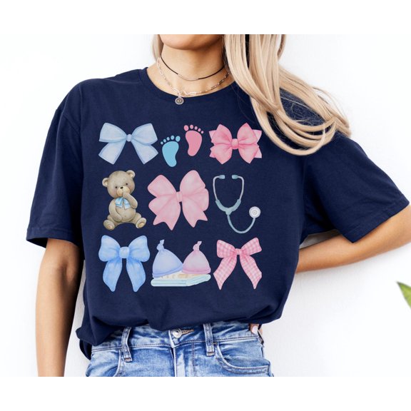 Coquette Labor Delivery Mother Baby Nurse Shirt, Pink Blue Bow Nurse TShirt, Soft Girl Cottagecore, Pediatric NICU, RN Nurse All Size S-5Xl