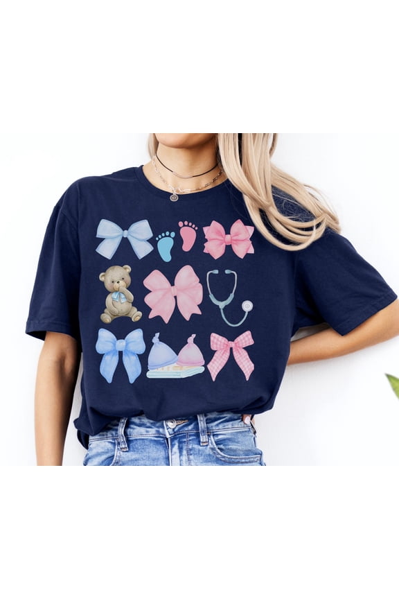 Coquette Labor Delivery Mother Baby Nurse Shirt, Pink Blue Bow Nurse TShirt, Soft Girl Cottagecore, Pediatric NICU, RN Nurse All Size S-5Xl