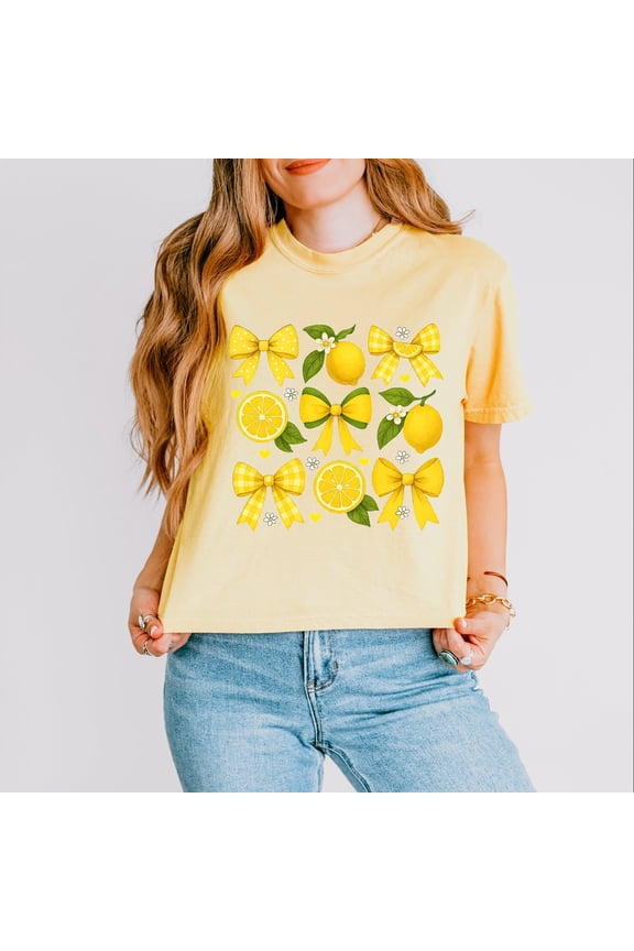 Coquette Lemons Pattern Bows - Women's Boxy Crop Top Graphic T-Shirt