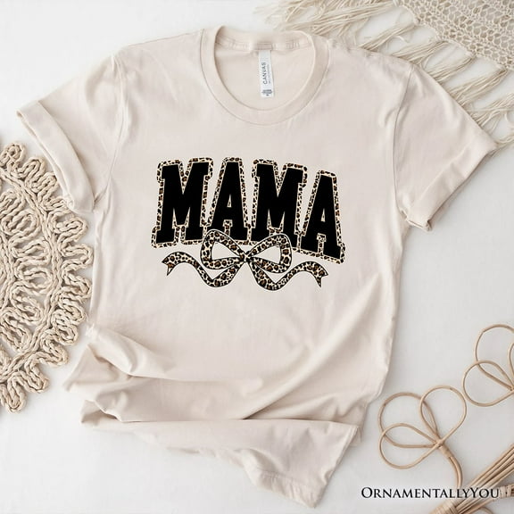Coquette Leopard Mama T-Shirt, Retro Bow Varsity Tee for Trendy Moms