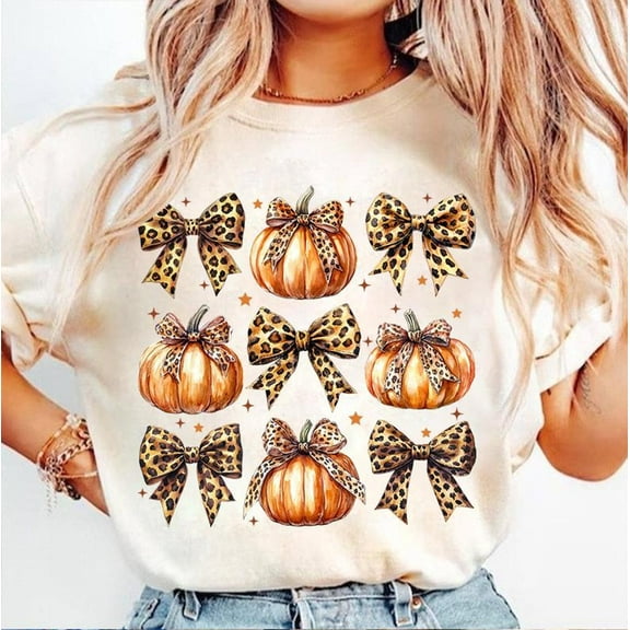 Coquette Leopard Pumpkin Shirt, Retro Fall Pumpkin Season T-Shirt, Autumn Halloween Tee with Bow Graphic, Trendy Seasonal Holiday Shirt