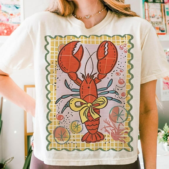 Coquette Lobster T-Shirt, Boho Checker Summer Shirt, Coastal Aesthetic Tee, Crawfish Boil Season, Preppy Coastal Outfit