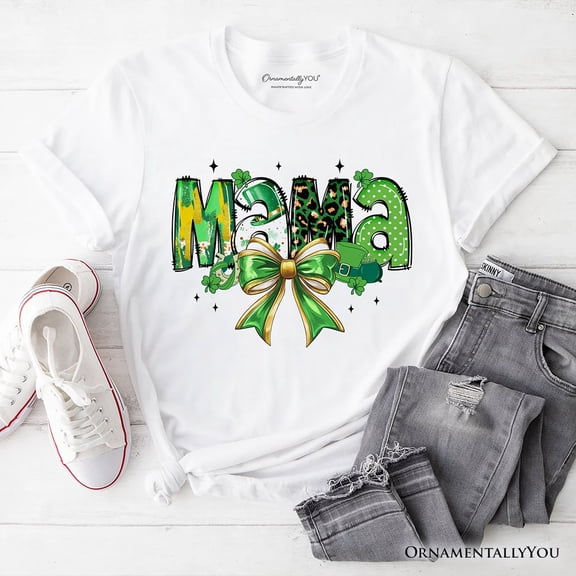 Coquette Mama Bow St Patrick’s Day T-Shirt, Green Lucky Shamrock Clover Tee