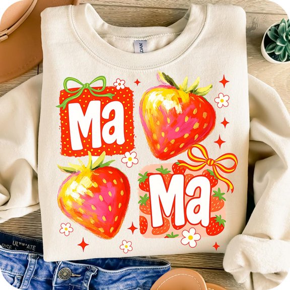 Coquette Mama Strawberry Brushstroke Sweatshirt, Cute Strawberry Floral Mama Shirt, Everyday Preppy Mama Tee