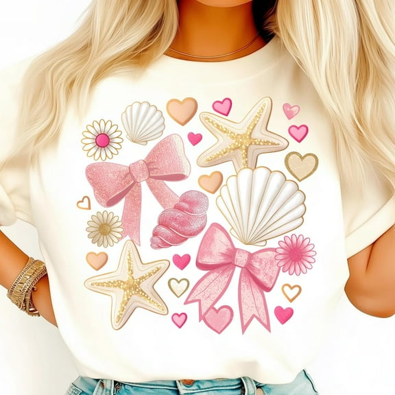Coquette Mermaid Beach T-Shirt, Pink Seashell Tee, Starfish Floral Coastal Shirt, Cute Ocean Nautical Graphic Tee, Summer Beach Vibes