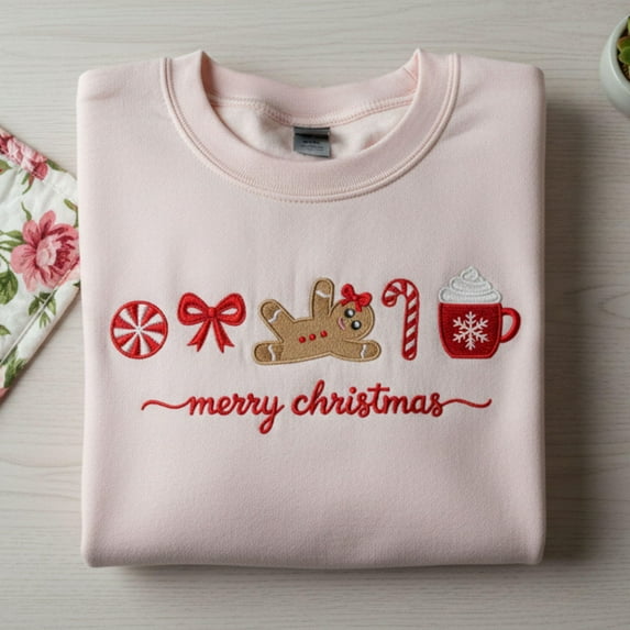 Coquette Merry Christmas Embroidered Sweatshirt, Gingerbread Bow Clothing, Holiday Crewneck, Xmas Festive Apparel, Gift for Her