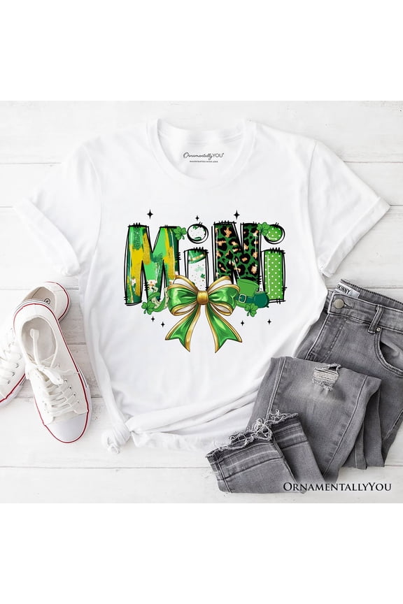 Coquette Mini Clover Bow St Patrick&rsquo;s Day T-Shirt, Green Lucky Shamrock Clover Tee