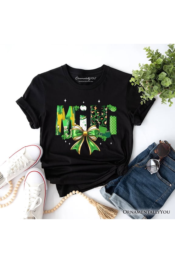 Coquette Mini Clover Bow St Patrick’s Day T-Shirt, Green Lucky Shamrock Clover Tee