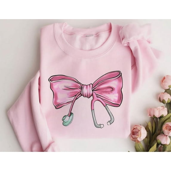 Coquette Nurse Stethoscope Bow Sweatshirt, Gift for Nurse, Bow Oversized Shirt, Nurse Appreciation, Christmas Gift for Nurse, Pink Bow