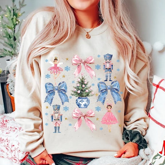 Coquette Nutcracker Christmas Sweatshirt, Preppy Pink Holiday Shirt, Glitter Christmas Tree Top, Cute Xmas Outfit, Festive Vibes