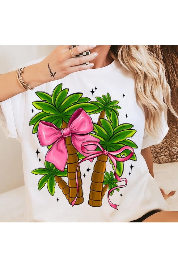 Coquette Palm Bow Shirt, Beach Shirt, Summer Coastal Shirt, Girly Ocean Design Shirt, Popular Summer Sublimation Shirt