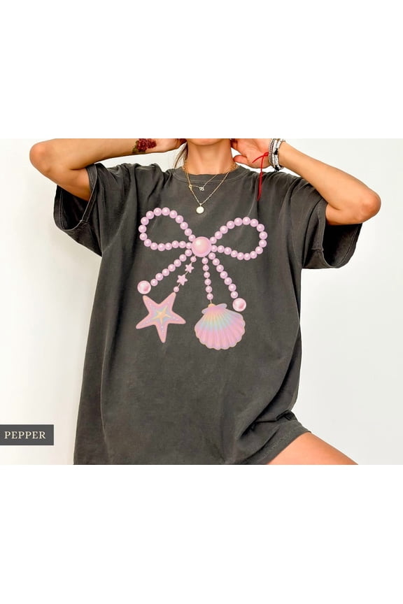 Coquette Pearl Bow Shirt, Summer Seashell, Girly Pink Trendy, Preppy Coastal Shirt Pink Clam Shell Summer Vibes Tee, Girlfriend Summer S, F5381