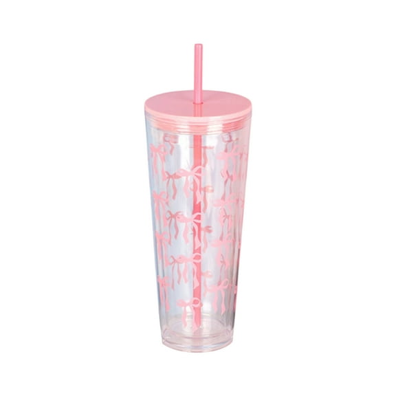 Coquette Pink Bow Aesthetic Plastic Cups with Lids and Straws Cute Double Layer Clear Iced Coffee Cups Bulk Reusable Preppy Tumbler for Teen Girls Party Gifts Pink 700ml