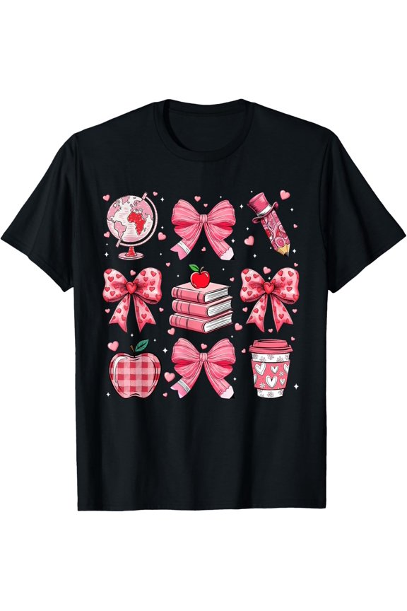 Coquette Pink Bow Apple Teacher Appreciation Valentine Day T-Shirt