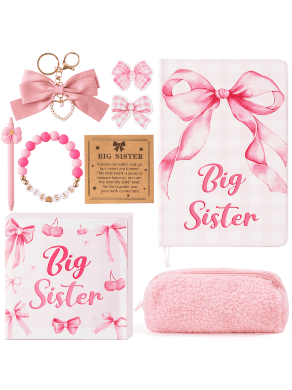 Pink Bow Cute Big Sister Gift Set Keychain Bracelet Notebook Pen Case Sticky Note for Baby Shower Gender Party Favor