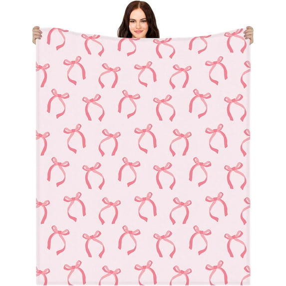 Coquette Pink Bow Blanket Christmas Throw Blanket Pink Bow Ribbon Winter Farmhouse Blanket Couch Sofa Soft Warm Bed Blankets for Women Friends Gifts, 50 x 60 Inch(Pink Bow)