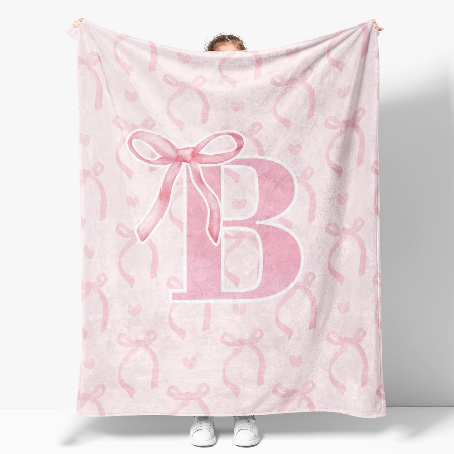 Coquette Pink Bow Blanket,Personalized Initial B Soft Fluffy Cozy Flannel Blanket,Monogrammed Gifts for Daughter Women Teen Women,Customized Blanket for Bedding Bedroom Office,50x60 Inches